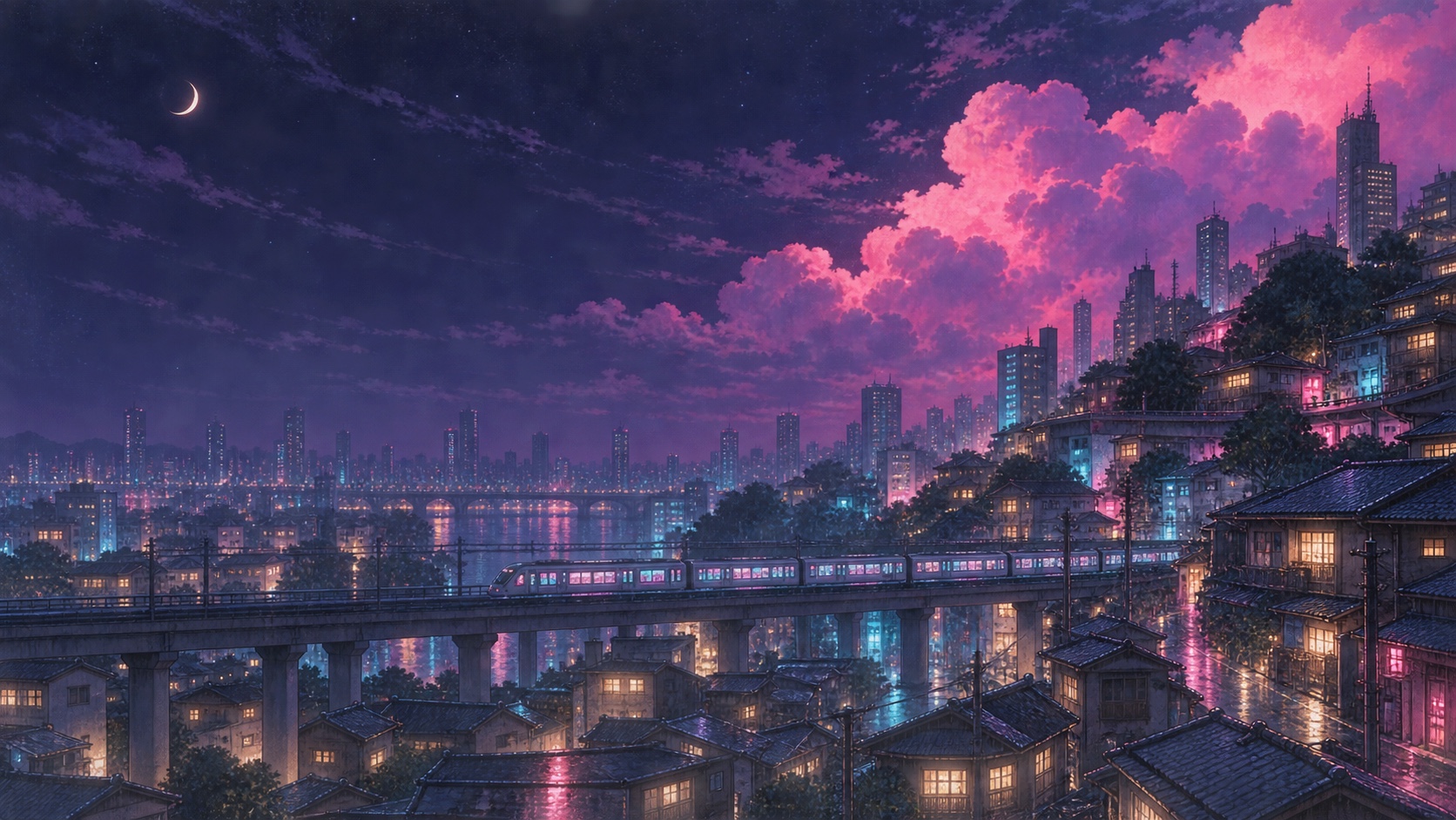 Tokio im Neonlicht mit Nachtzug und pinken Wolken